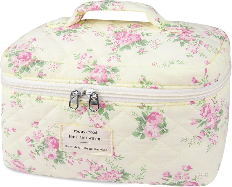 Gosect Large Travel Quilted Makeup Bag for Women,Big Floral Cotton Cosmetic Bag, Cute Coquette Aesthetic Floral Toiletry Organizer Bag (Pink pattern) - Image 1
